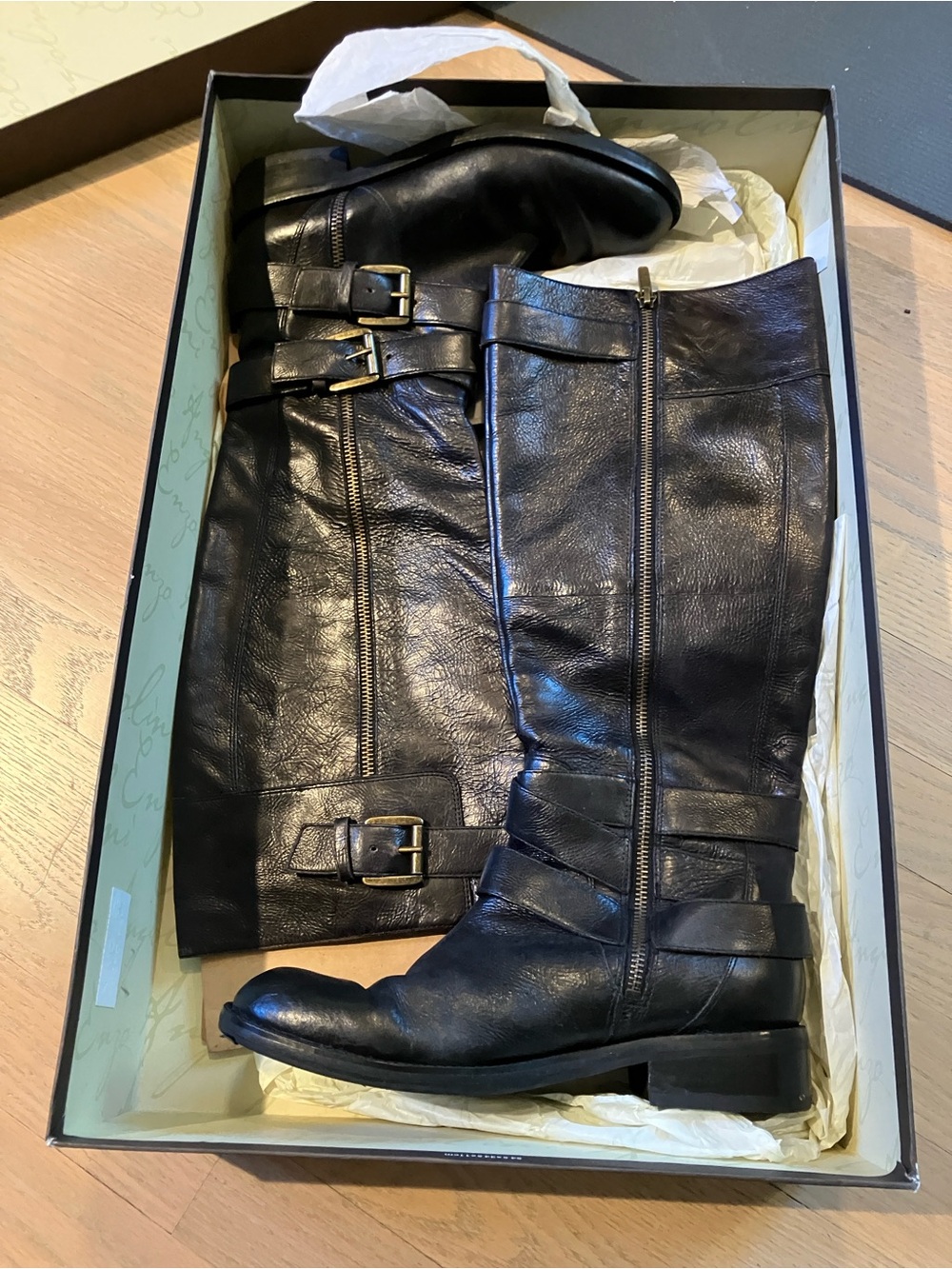 Enzo Angiolini Black Leather Knee-High Riding Boots with Buckles